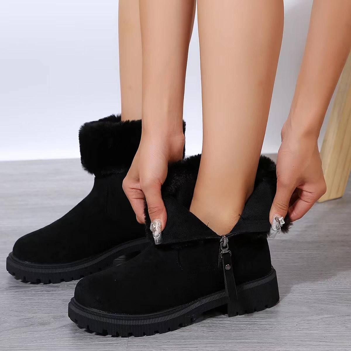 Bottes chaudes en peluche pour femme, chaussures d'hiver à fermeture éclair latérale, chaussures d'extérieur épaisses à talons bas