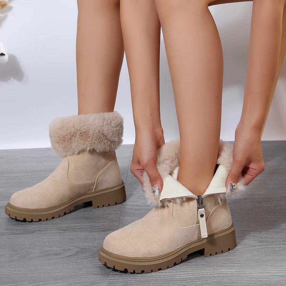 Bottes chaudes en peluche pour femme, chaussures d'hiver à fermeture éclair latérale, chaussures d'extérieur épaisses à talons bas