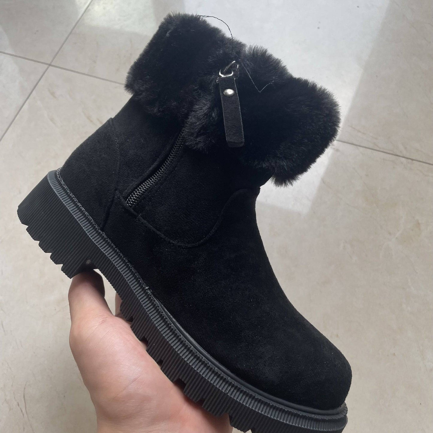 Bottes chaudes en peluche pour femme, chaussures d'hiver à fermeture éclair latérale, chaussures d'extérieur épaisses à talons bas