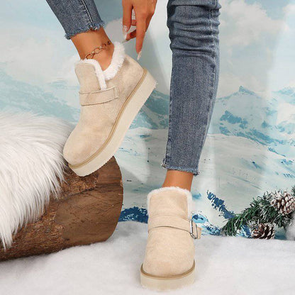 Winter Buckle Snow Boots Fashion Flat Thick-soled Cotton Shoes Round Toe Plus Velvet Warm Ankle Boot For Women - ALL-IN-ONE GENSTORE & SERVICES