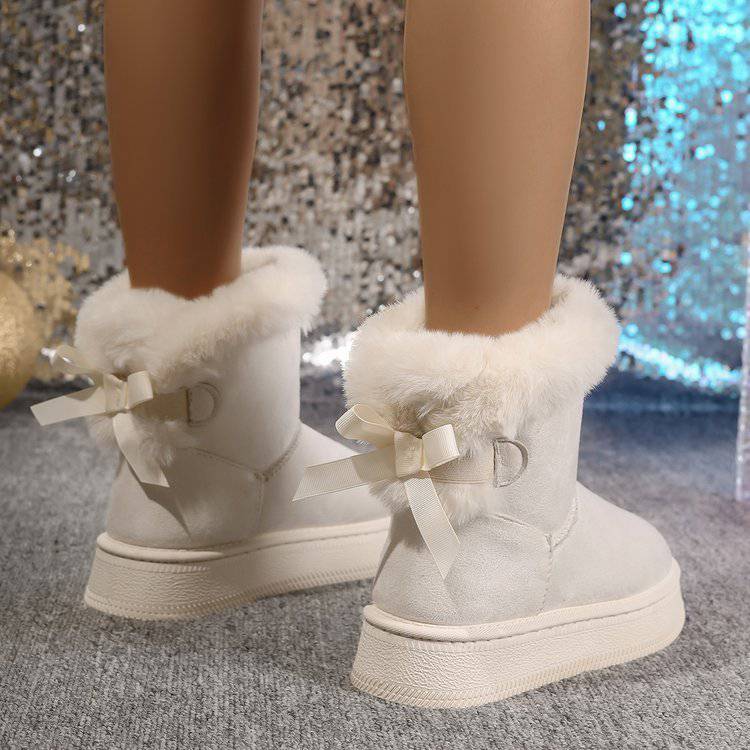 Bottes de neige d'hiver avec nœud papillon, chaussures plates en coton et daim épais à bout rond pour femmes, bottes courtes décontractées et chaudes en peluche