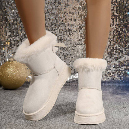 Winter Snow Boots With Bowknot Fashion Round Toe Flat Thickened Suede Cotton Shoes For Women Casual Warm Plush Short Boot - ALL-IN-ONE GENSTORE & SERVICES