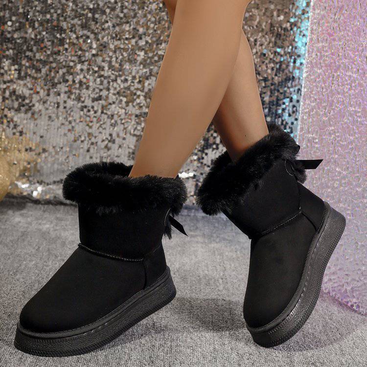 Bottes de neige d'hiver avec nœud papillon, chaussures plates en coton et daim épais à bout rond pour femmes, bottes courtes décontractées et chaudes en peluche