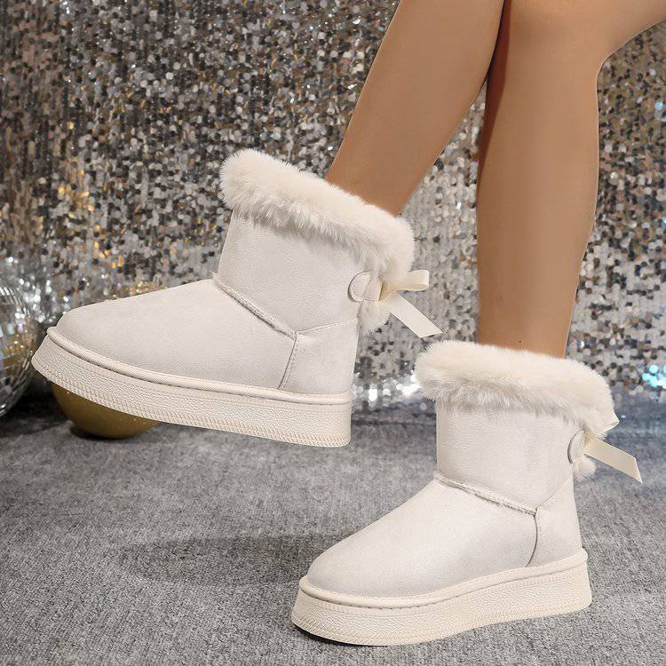 Bottes de neige d'hiver avec nœud papillon, chaussures plates en coton et daim épais à bout rond pour femmes, bottes courtes décontractées et chaudes en peluche