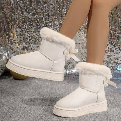 Winter Snow Boots With Bowknot Fashion Round Toe Flat Thickened Suede Cotton Shoes For Women Casual Warm Plush Short Boot - ALL-IN-ONE GENSTORE & SERVICES