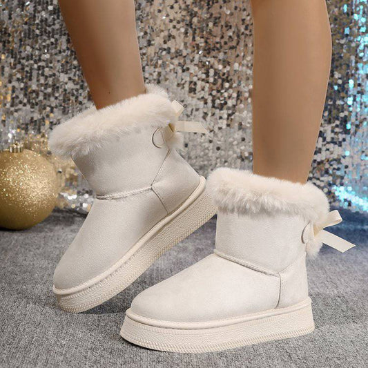 Bottes de neige d'hiver avec nœud papillon, chaussures plates en coton et daim épais à bout rond pour femmes, bottes courtes décontractées et chaudes en peluche