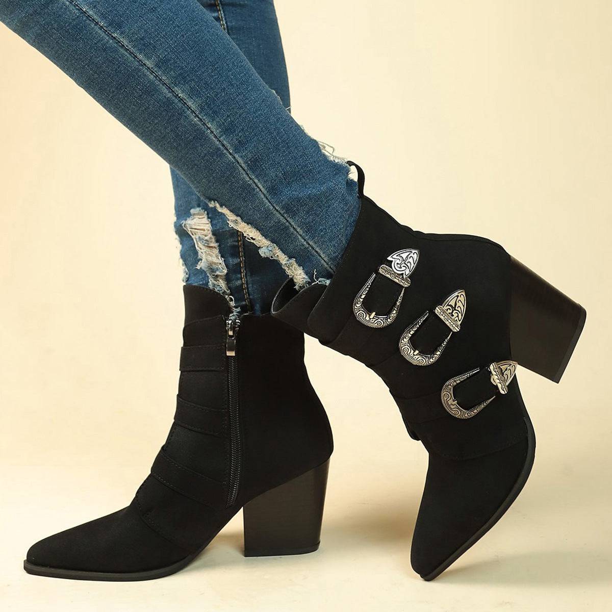 Chunky Heel Pointed Toe Boots With Belt Buckle Design Retro Mid-calf Boot Fashion Fall Winter Shoes For Women