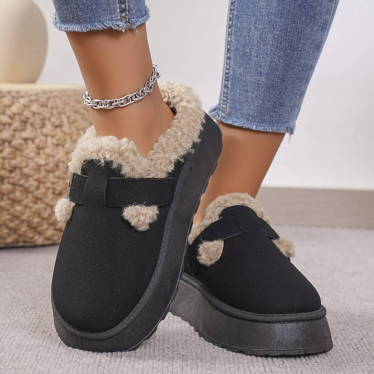 Fashion Thick-soled Plush Buckle Cotton Slippers Winter Indoor And Outdoor Casual Warm Shoes Women Garden Slipper