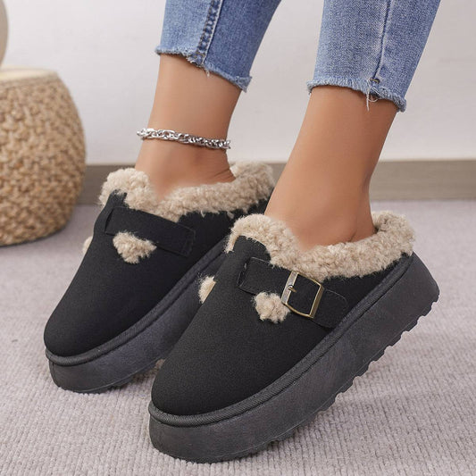 Pantoufles en coton à semelles épaisses et à boucle en peluche pour l'hiver, chaussures chaudes décontractées pour l'intérieur et l'extérieur, pantoufles de jardin pour femmes