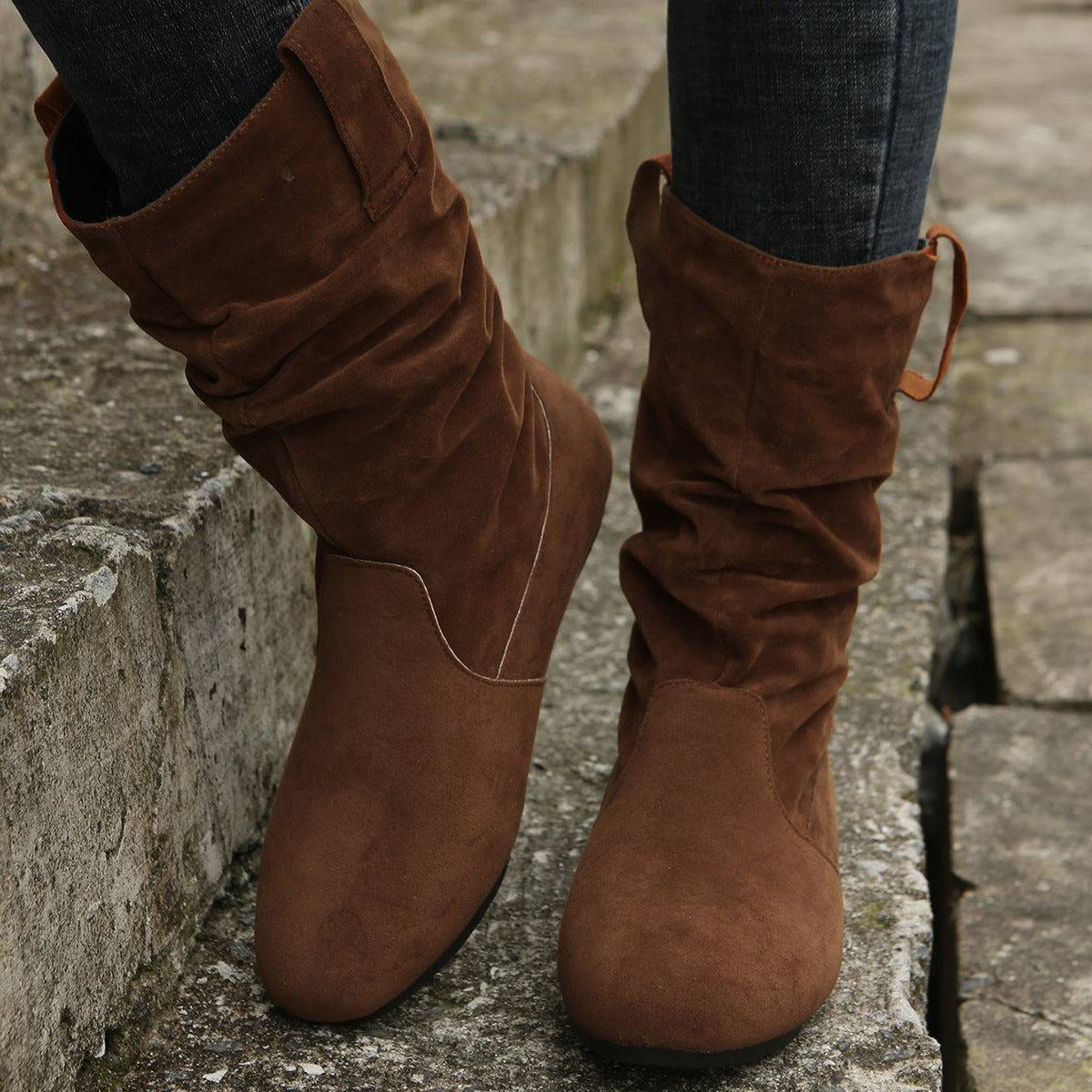 Round Toe Flat Boots Fashion Solid Color Suede Mid-calf Boot Winter Warm Shoes For Women - ALL-IN-ONE GENSTORE & SERVICES