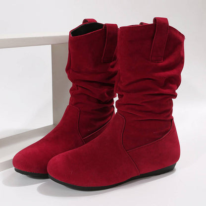 Round Toe Flat Boots Fashion Solid Color Suede Mid-calf Boot Winter Warm Shoes For Women - ALL-IN-ONE GENSTORE & SERVICES