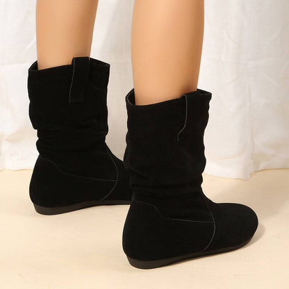 Round Toe Flat Boots Fashion Solid Color Suede Mid-calf Boot Winter Warm Shoes For Women - ALL-IN-ONE GENSTORE & SERVICES