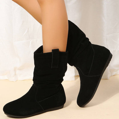 Round Toe Flat Boots Fashion Solid Color Suede Mid-calf Boot Winter Warm Shoes For Women - ALL-IN-ONE GENSTORE & SERVICES