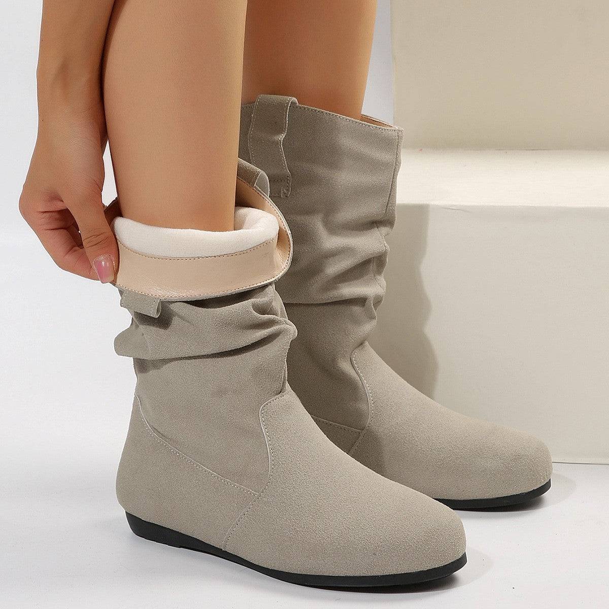 Round Toe Flat Boots Fashion Solid Color Suede Mid-calf Boot Winter Warm Shoes For Women - ALL-IN-ONE GENSTORE & SERVICES