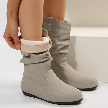 Round Toe Flat Boots Fashion Solid Color Suede Mid-calf Boot Winter Warm Shoes For Women - ALL-IN-ONE GENSTORE & SERVICES