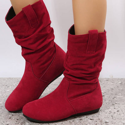Round Toe Flat Boots Fashion Solid Color Suede Mid-calf Boot Winter Warm Shoes For Women - ALL-IN-ONE GENSTORE & SERVICES