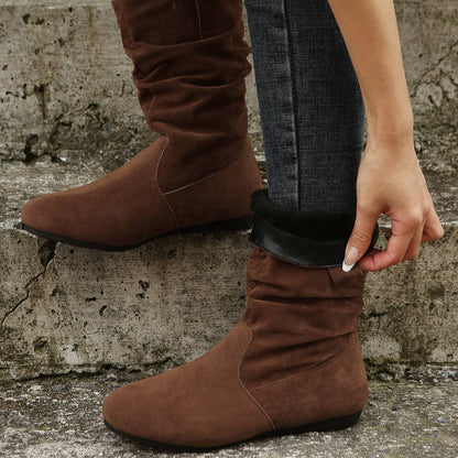 Round Toe Flat Boots Fashion Solid Color Suede Mid-calf Boot Winter Warm Shoes For Women - ALL-IN-ONE GENSTORE & SERVICES