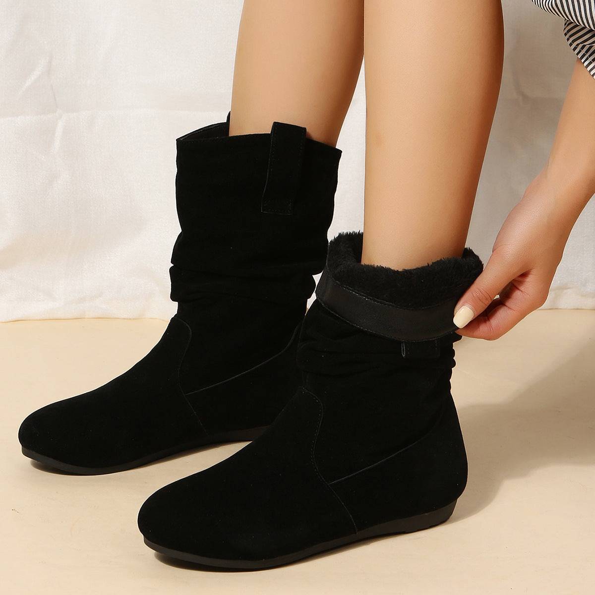 Round Toe Flat Boots Fashion Solid Color Suede Mid-calf Boot Winter Warm Shoes For Women - ALL-IN-ONE GENSTORE & SERVICES
