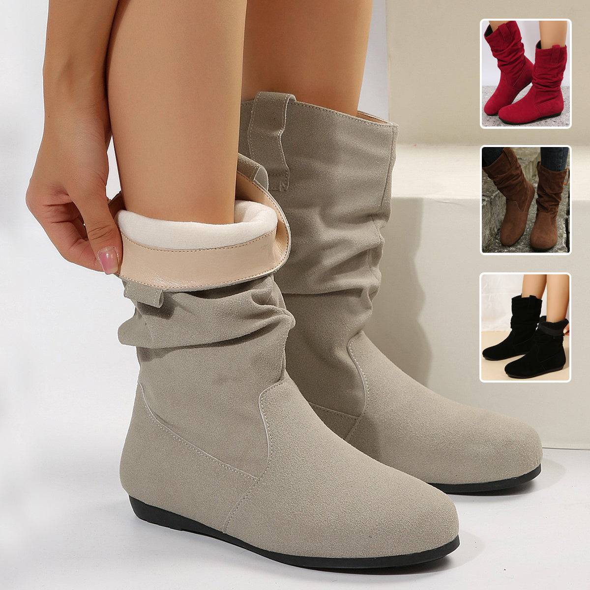 Round Toe Flat Boots Fashion Solid Color Suede Mid-calf Boot Winter Warm Shoes For Women - ALL-IN-ONE GENSTORE & SERVICES