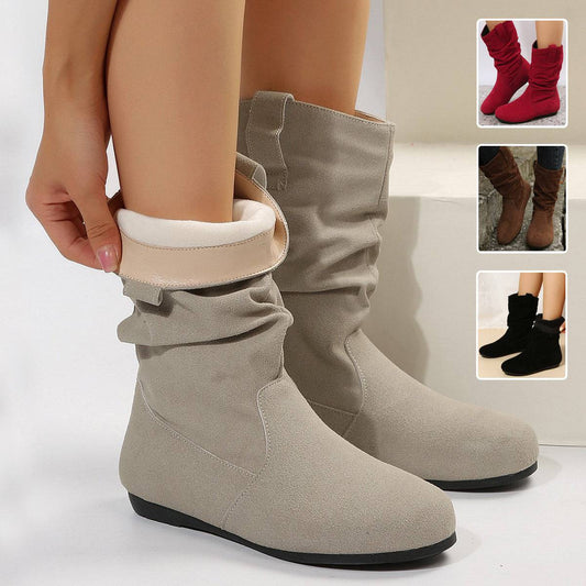 Round Toe Flat Boots Fashion Solid Color Suede Mid-calf Boot Winter Warm Shoes For Women - ALL-IN-ONE GENSTORE & SERVICES
