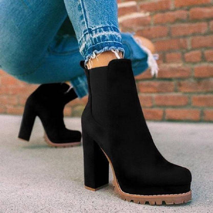 Round-toe Ankle Boots Solid Leopard Print Thick Square High Heel Shoes Ladies Casual Fashion Autumn Winter Suede Dress Party Boots - ALL-IN-ONE GENSTORE & SERVICES