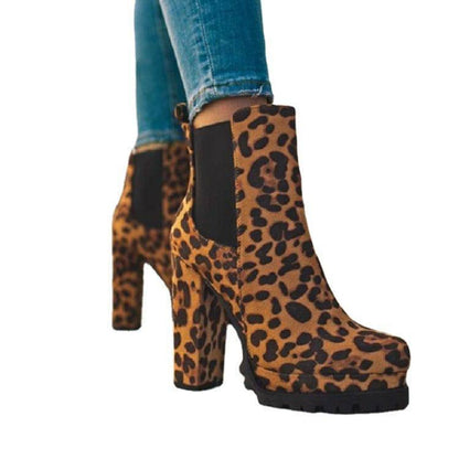 Round-toe Ankle Boots Solid Leopard Print Thick Square High Heel Shoes Ladies Casual Fashion Autumn Winter Suede Dress Party Boots - ALL-IN-ONE GENSTORE & SERVICES