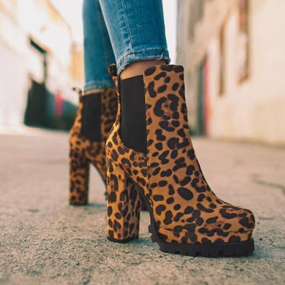 Round-toe Ankle Boots Solid Leopard Print Thick Square High Heel Shoes Ladies Casual Fashion Autumn Winter Suede Dress Party Boots - ALL-IN-ONE GENSTORE & SERVICES
