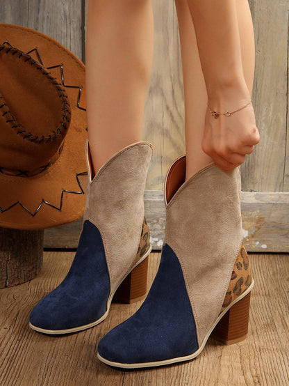 Fashion Splicing Suede Boots Retro Pointed-toe Square High Heel Mid-calf Boots For Women Fall And Winter Shoes - ALL-IN-ONE GENSTORE & SERVICES