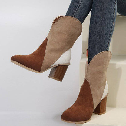 Fashion Splicing Suede Boots Retro Pointed-toe Square High Heel Mid-calf Boots For Women Fall And Winter Shoes - ALL-IN-ONE GENSTORE & SERVICES
