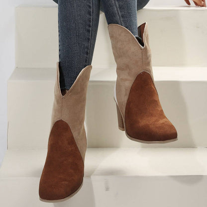 Fashion Splicing Suede Boots Retro Pointed-toe Square High Heel Mid-calf Boots For Women Fall And Winter Shoes - ALL-IN-ONE GENSTORE & SERVICES