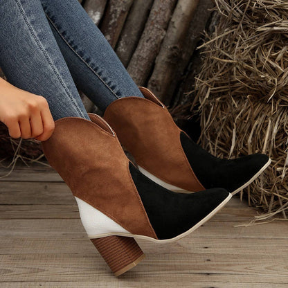 Fashion Splicing Suede Boots Retro Pointed-toe Square High Heel Mid-calf Boots For Women Fall And Winter Shoes - ALL-IN-ONE GENSTORE & SERVICES