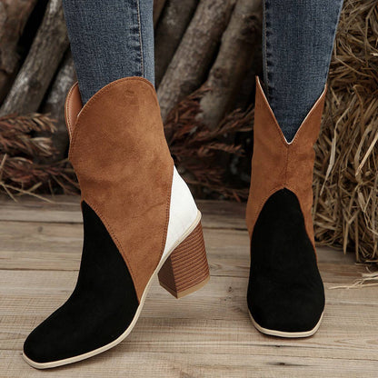 Fashion Splicing Suede Boots Retro Pointed-toe Square High Heel Mid-calf Boots For Women Fall And Winter Shoes - ALL-IN-ONE GENSTORE & SERVICES