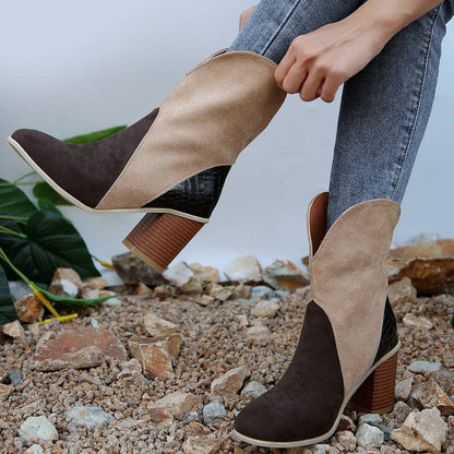 Fashion Splicing Suede Boots Retro Pointed-toe Square High Heel Mid-calf Boots For Women Fall And Winter Shoes - ALL-IN-ONE GENSTORE & SERVICES