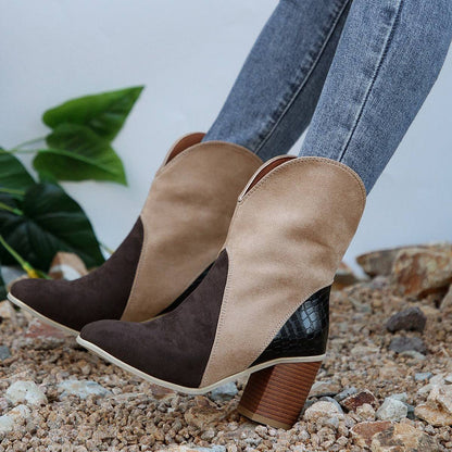 Fashion Splicing Suede Boots Retro Pointed-toe Square High Heel Mid-calf Boots For Women Fall And Winter Shoes - ALL-IN-ONE GENSTORE & SERVICES