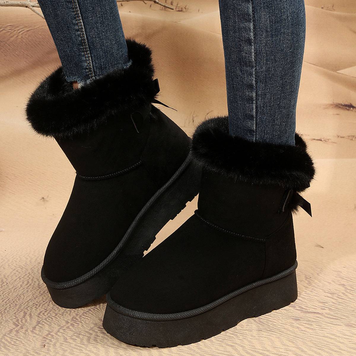 Nuevas botas de nieve con lazo para invierno, además de botines cálidos de terciopelo con suela gruesa para mujer, zapatos sencillos de algodón para uso diario y ocio