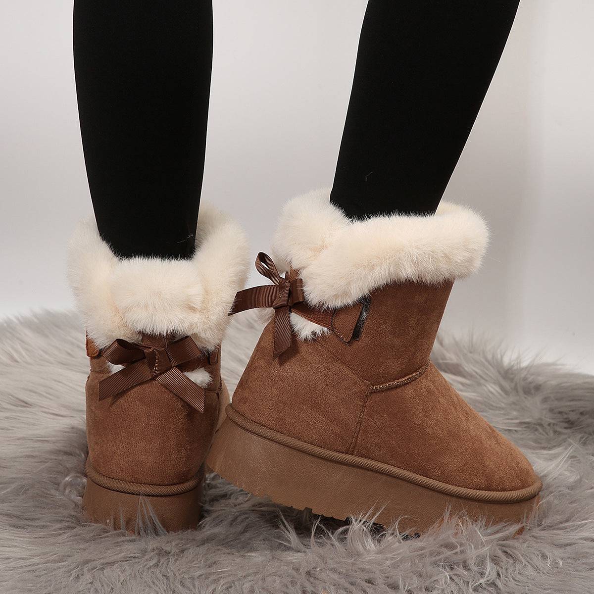 Nuevas botas de nieve con lazo para invierno, además de botines cálidos de terciopelo con suela gruesa para mujer, zapatos sencillos de algodón para uso diario y ocio