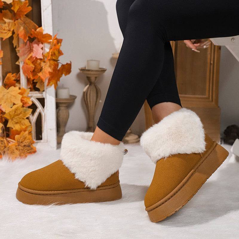 Bottes de neige en peluche d'hiver à la mode, chaussures plates en daim et coton épais à bout rond pour femmes, bottes courtes décontractées et chaudes