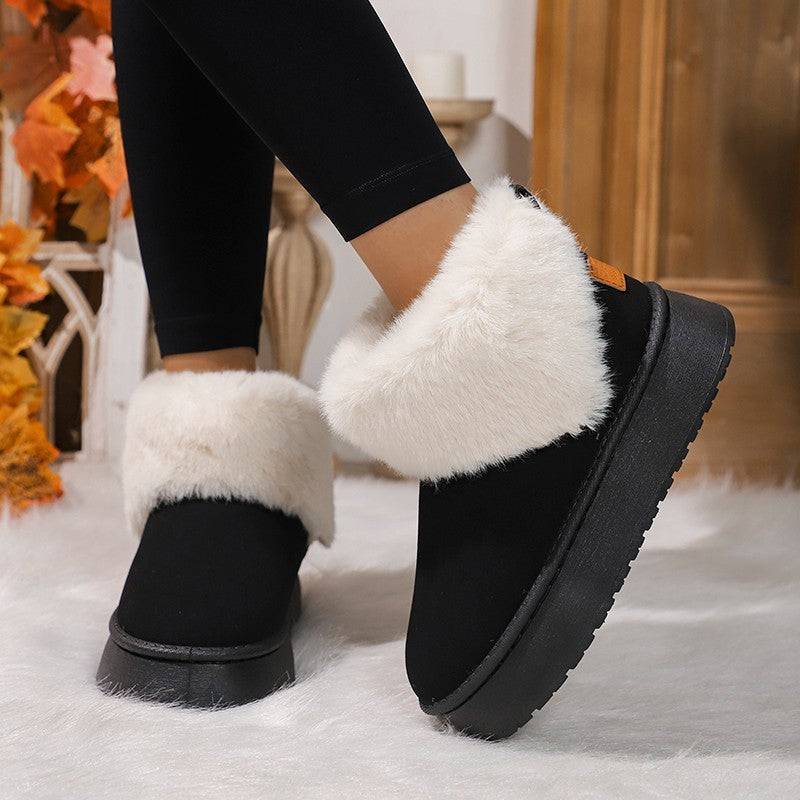 Bottes de neige en peluche d'hiver à la mode, chaussures plates en daim et coton épais à bout rond pour femmes, bottes courtes décontractées et chaudes