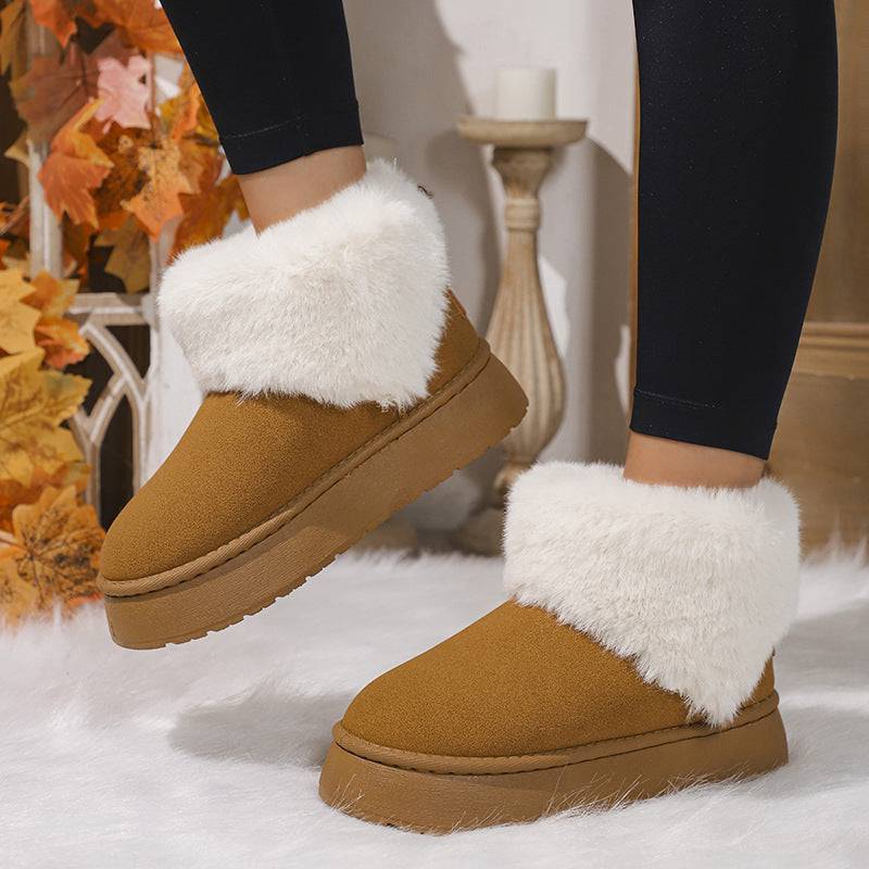 Bottes de neige en peluche d'hiver à la mode, chaussures plates en daim et coton épais à bout rond pour femmes, bottes courtes décontractées et chaudes