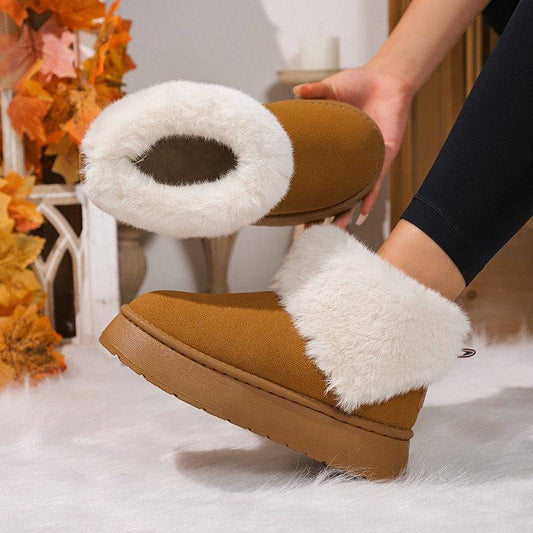 Bottes de neige en peluche d'hiver à la mode, chaussures plates en daim et coton épais à bout rond pour femmes, bottes courtes décontractées et chaudes