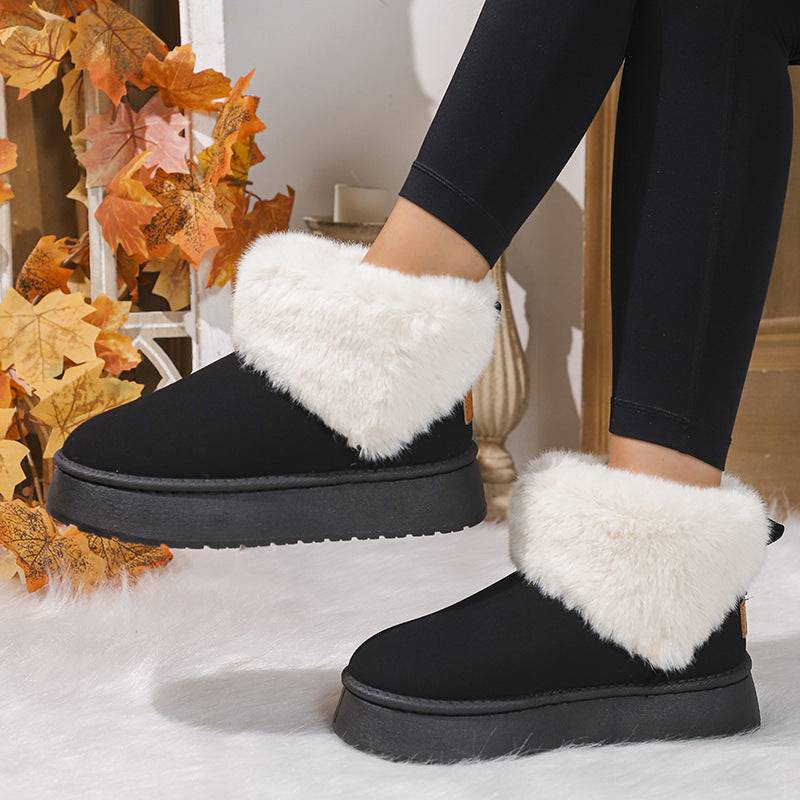 Bottes de neige en peluche d'hiver à la mode, chaussures plates en daim et coton épais à bout rond pour femmes, bottes courtes décontractées et chaudes