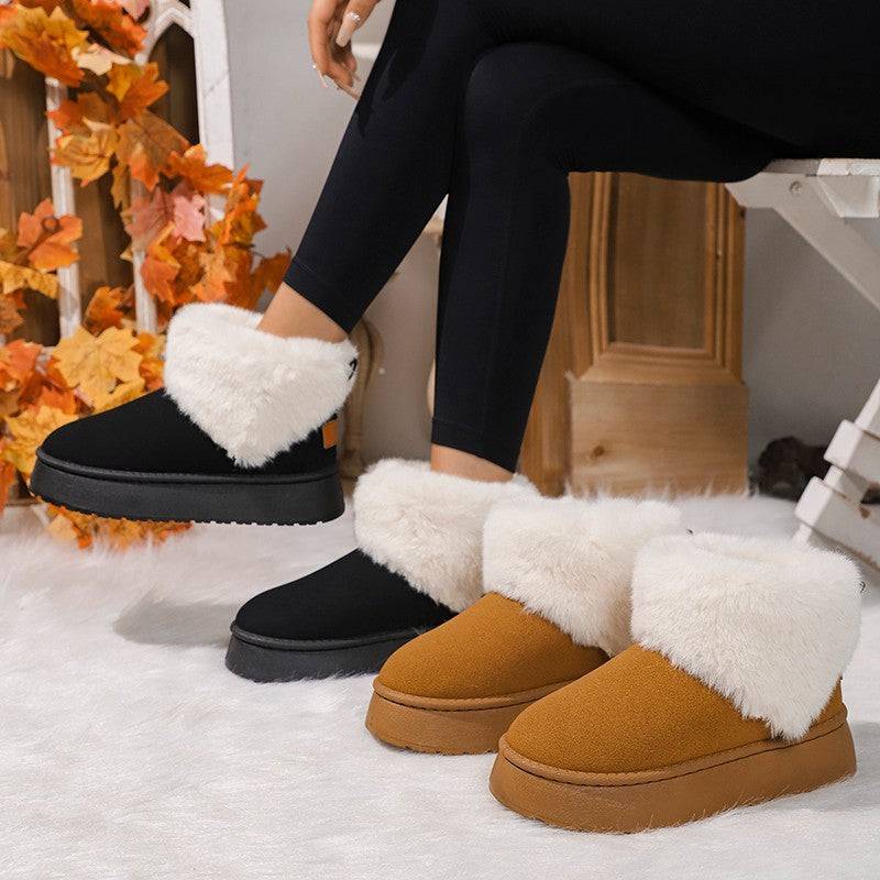 Bottes de neige en peluche d'hiver à la mode, chaussures plates en daim et coton épais à bout rond pour femmes, bottes courtes décontractées et chaudes