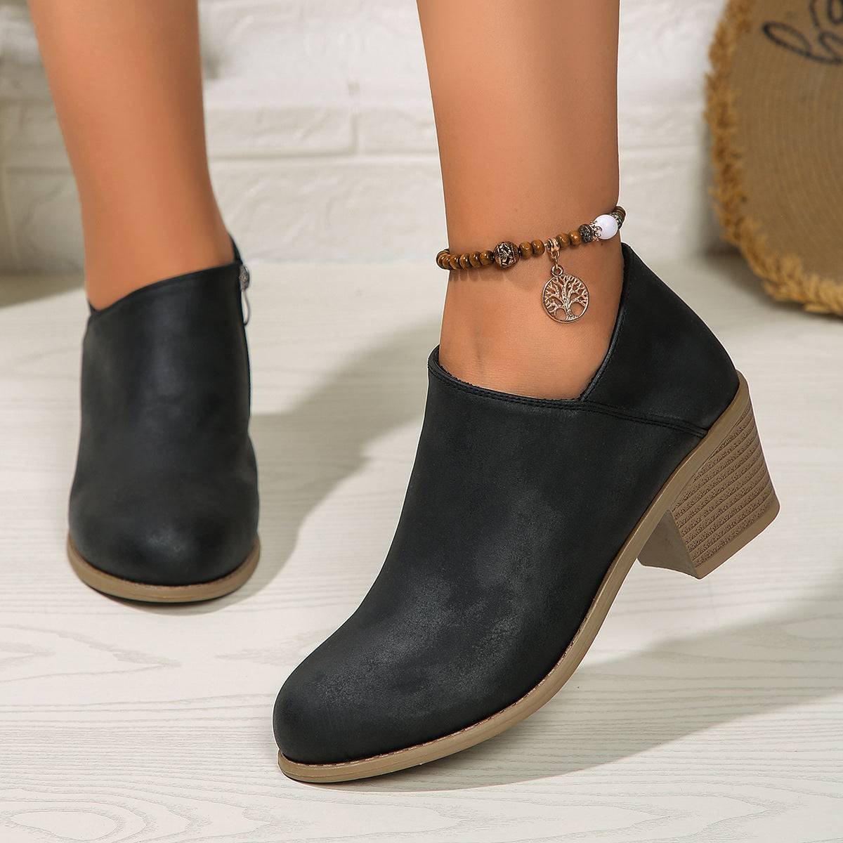 Chunky Heel Round Toe Ankle Boots With Side Zipper Design Fashion Fall Winter Short Boots For Women Shoes