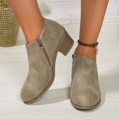 Chunky Heel Round Toe Ankle Boots With Side Zipper Design Fashion Fall Winter Short Boots For Women Shoes - ALL-IN-ONE GENSTORE & SERVICES