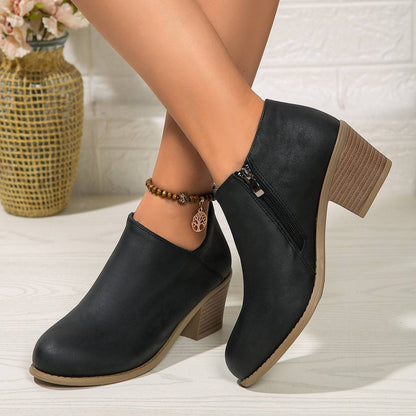 Chunky Heel Round Toe Ankle Boots With Side Zipper Design Fashion Fall Winter Short Boots For Women Shoes - ALL-IN-ONE GENSTORE & SERVICES