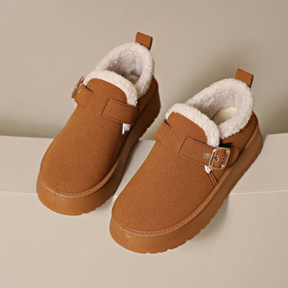 Fashion Round Toe Ankle Boots With Buckle Design Winter Warm Thickened Cotton Shoes Suede Flat Boot For Women - ALL-IN-ONE GENSTORE & SERVICES