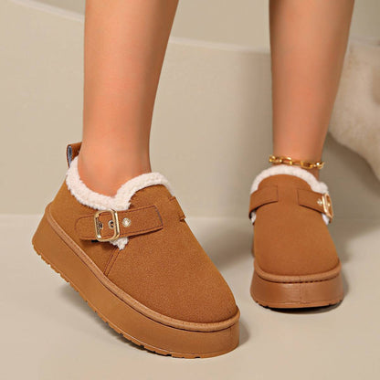 Fashion Round Toe Ankle Boots With Buckle Design Winter Warm Thickened Cotton Shoes Suede Flat Boot For Women - ALL-IN-ONE GENSTORE & SERVICES