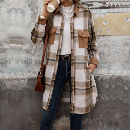 New Brushed Plaid Long Coat With Pockets Fashion Winter Jacket Outwear Women's Clothing - ALL-IN-ONE GENSTORE & SERVICES