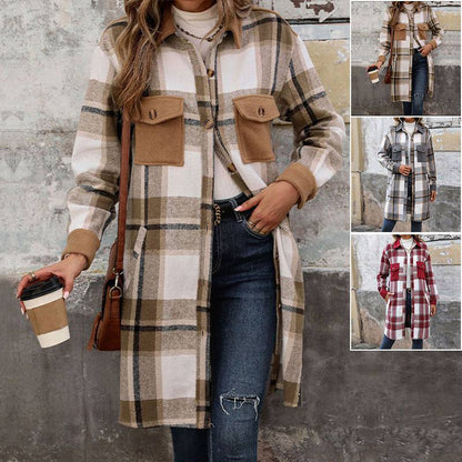 New Brushed Plaid Long Coat With Pockets Fashion Winter Jacket Outwear Women's Clothing - ALL-IN-ONE GENSTORE & SERVICES