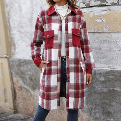 New Brushed Plaid Long Coat With Pockets Fashion Winter Jacket Outwear Women's Clothing - ALL-IN-ONE GENSTORE & SERVICES